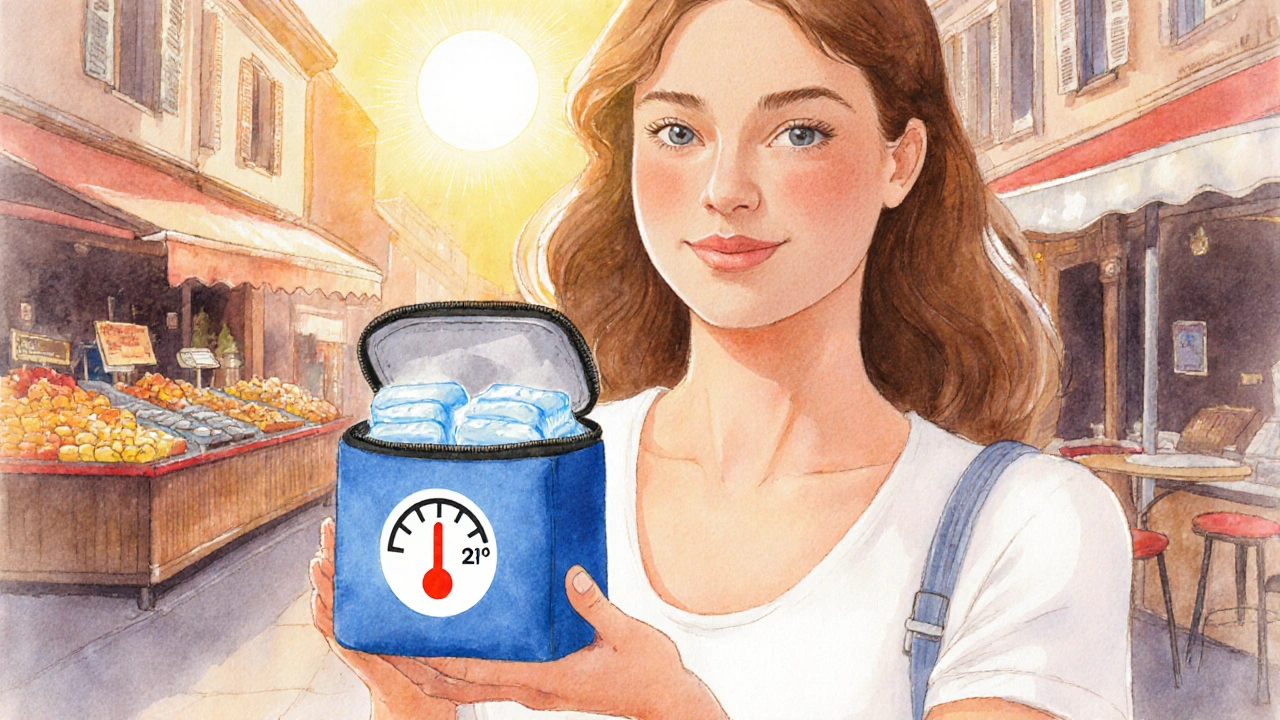 Frau hält isolierten Medikamentenbeutel mit Kühlakkus in sommerlicher Stadtumgebung.