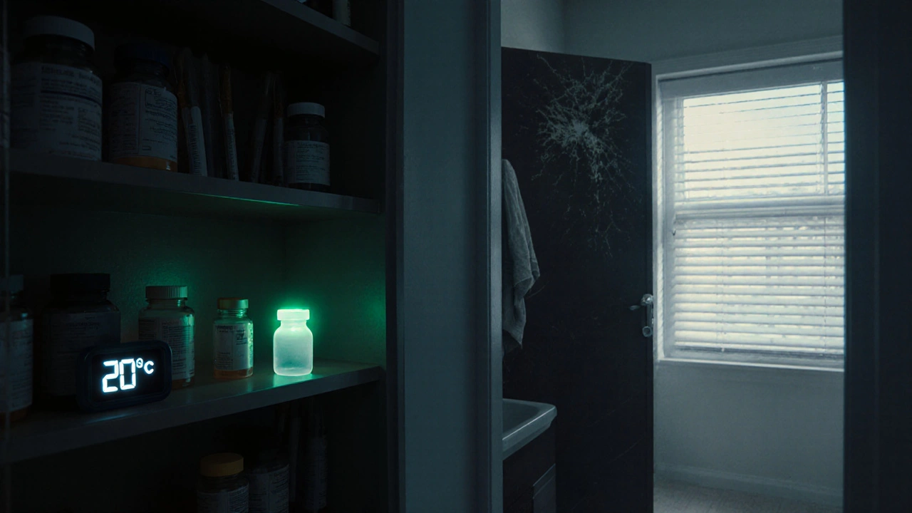 Medikamentenschränkchen im dunklen Schlafzimmer mit sicherer Temperatur, daneben beschädigte Flaschen im Badezimmer.