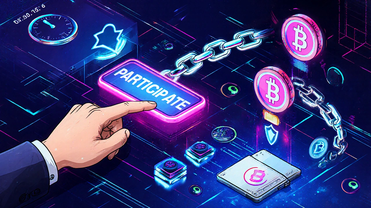 Comic‑Stil: Klick auf &quot;Participate&quot;, Tokens fließen durch Blockchain zum Wallet.