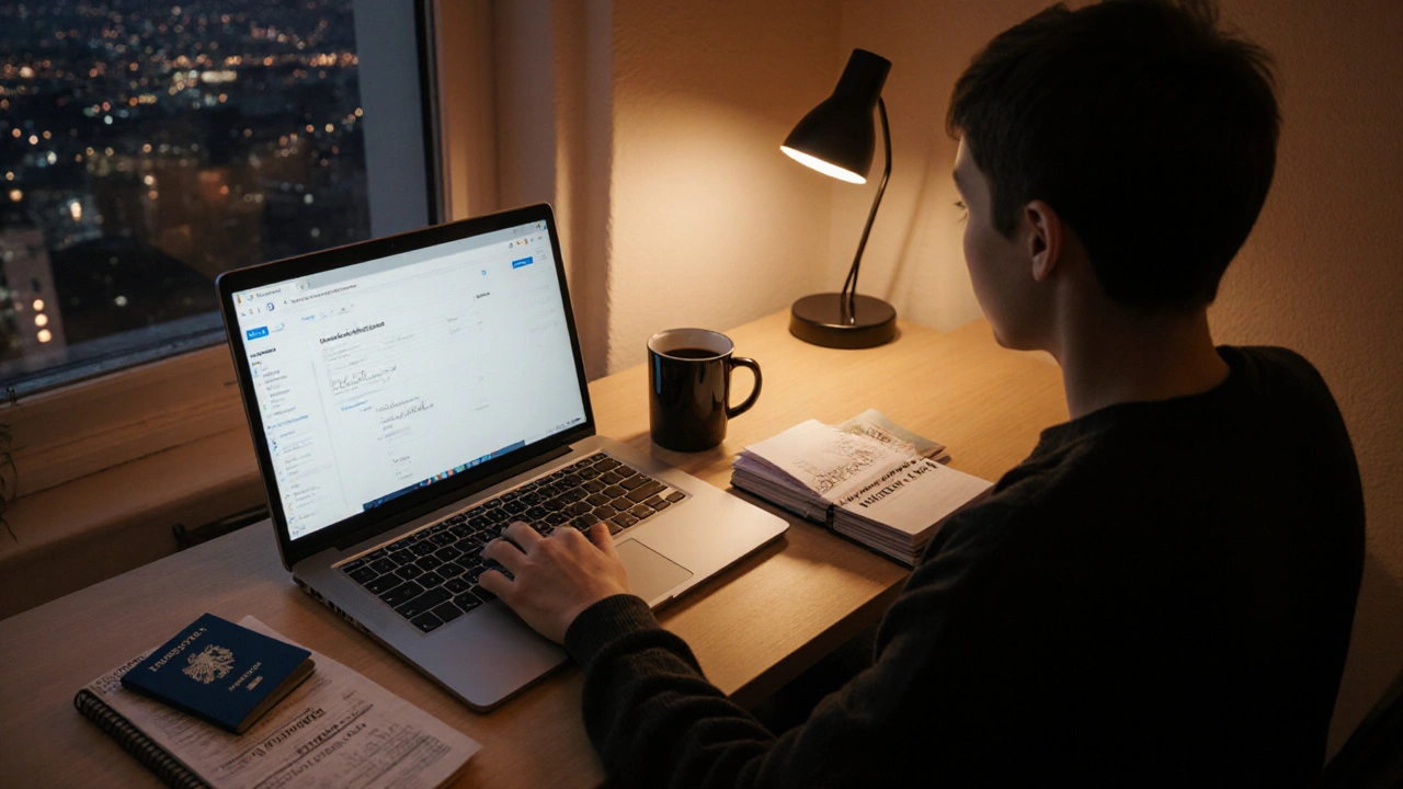 Person richtet Wallet ein, Hardware‑Wallet und KYC‑Dokumente auf Schreibtisch.