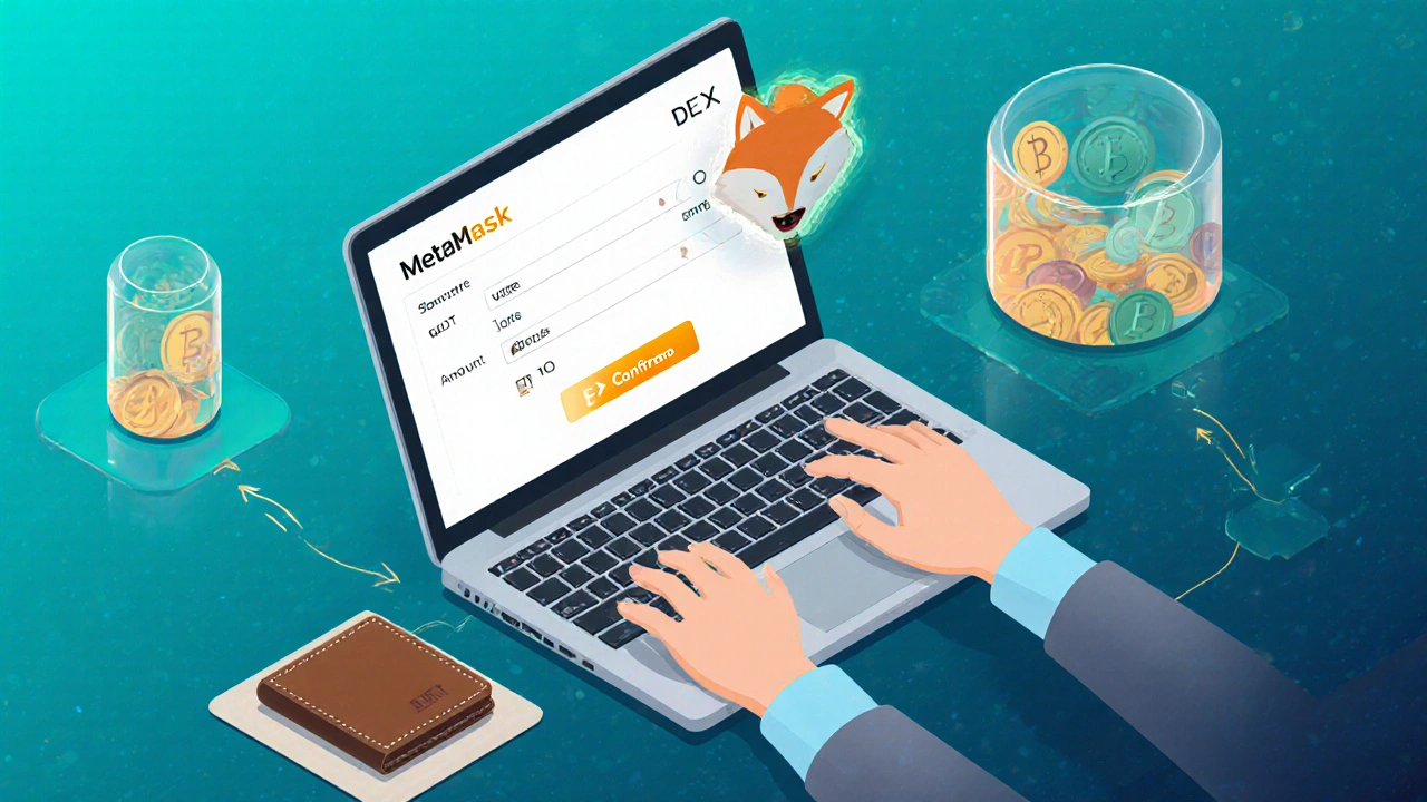Benutzer arbeitet am Laptop mit DEX‑Oberfläche, wählt USDT zu ETH und verbindet Wallet.