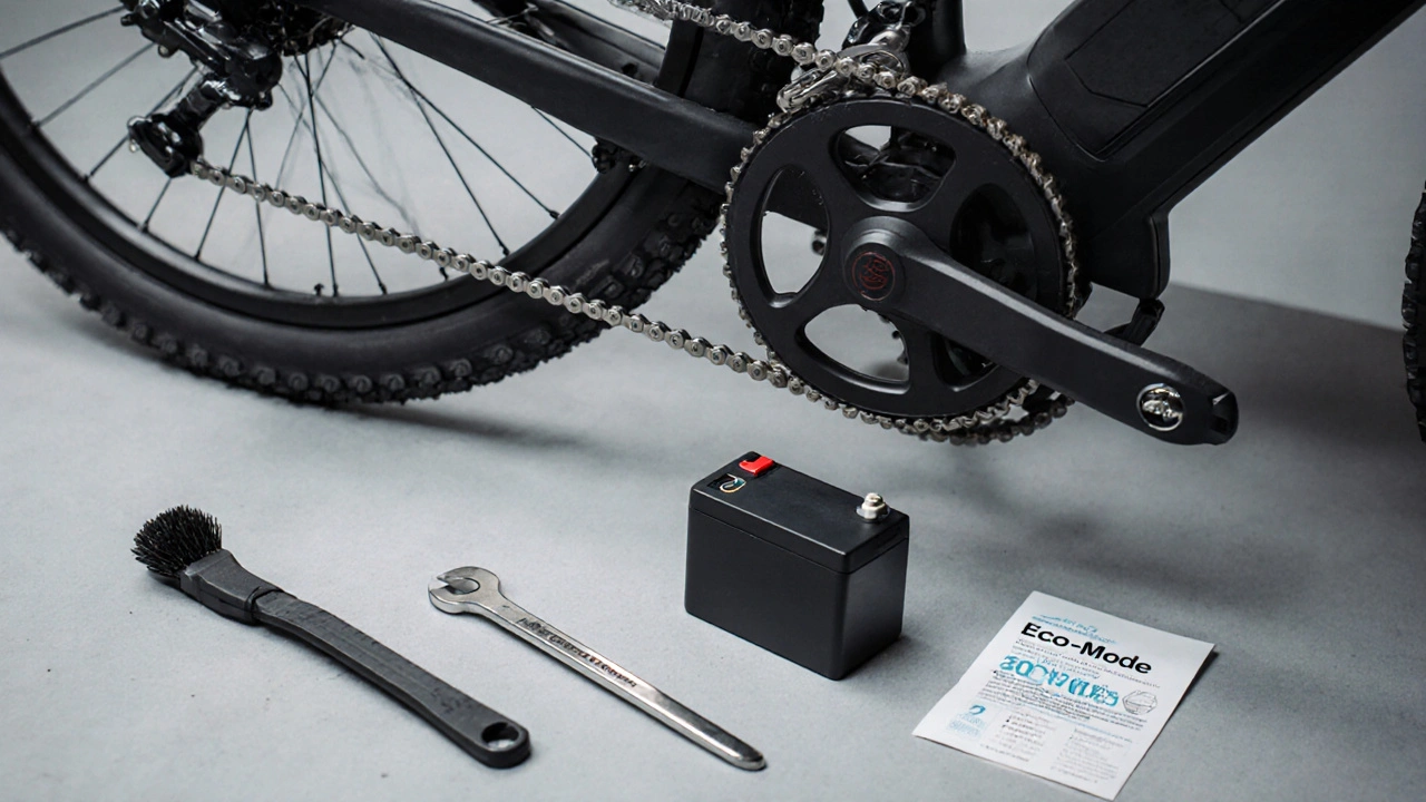 Detailaufnahme von Kettenpflege, Akku und Ladestecker eines leistungsstarken E‑Bikes.