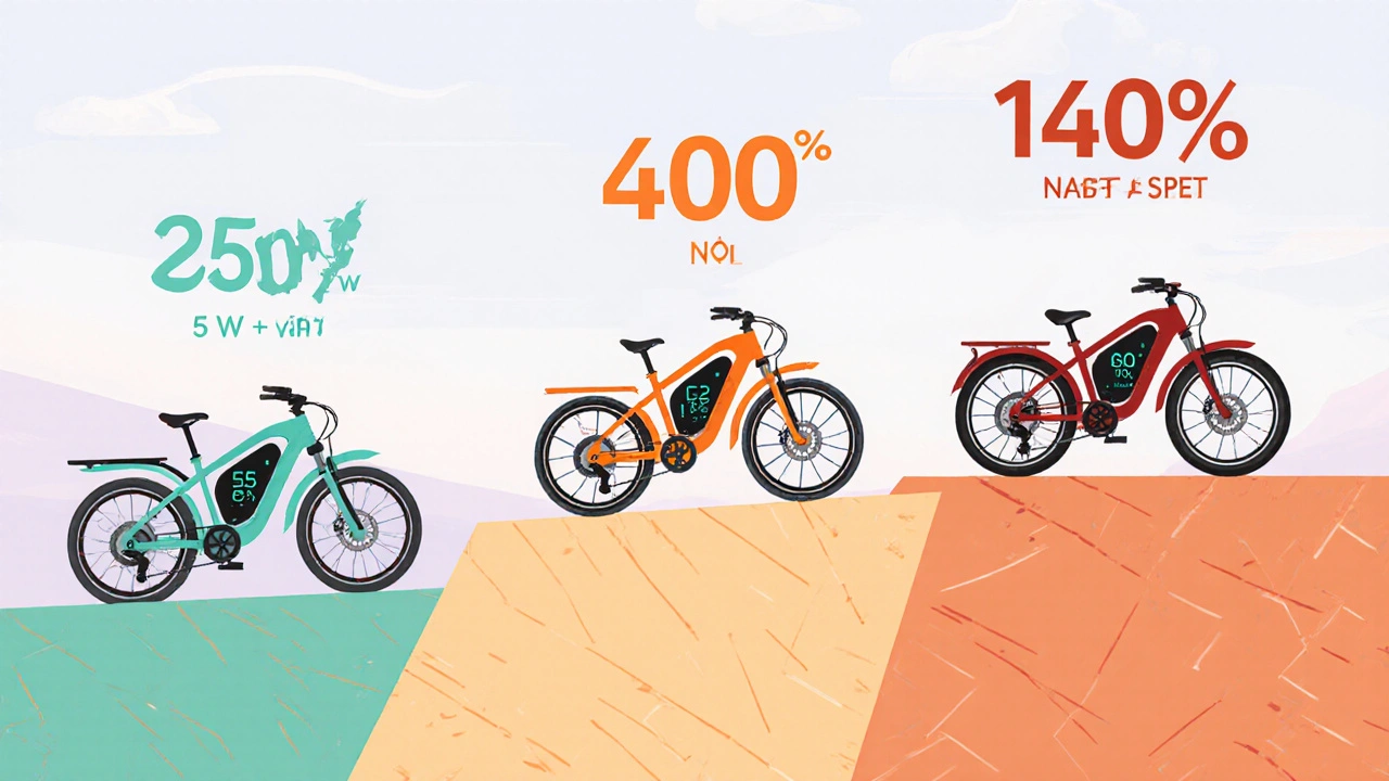 Drei E‑Bikes (250 W, 400 W, 500 W) auf steile Hügel, mit Drehmoment‑ und Geschwindigkeitsanzeigen.