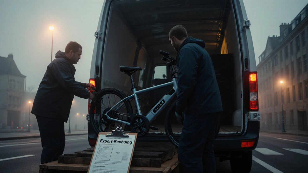E‑Bike mit CE‑Label wird von einem Lieferwagen an einem deutschen Zollpunkt entladen.