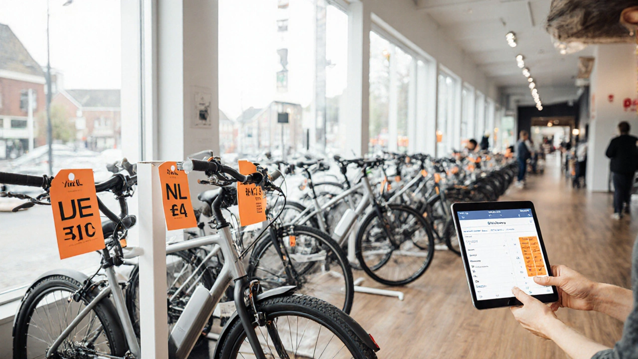 E‑Bike‑Shop in Rotterdam: Kunde vergleicht Preis‑Tags von Deutschland und Niederlande.
