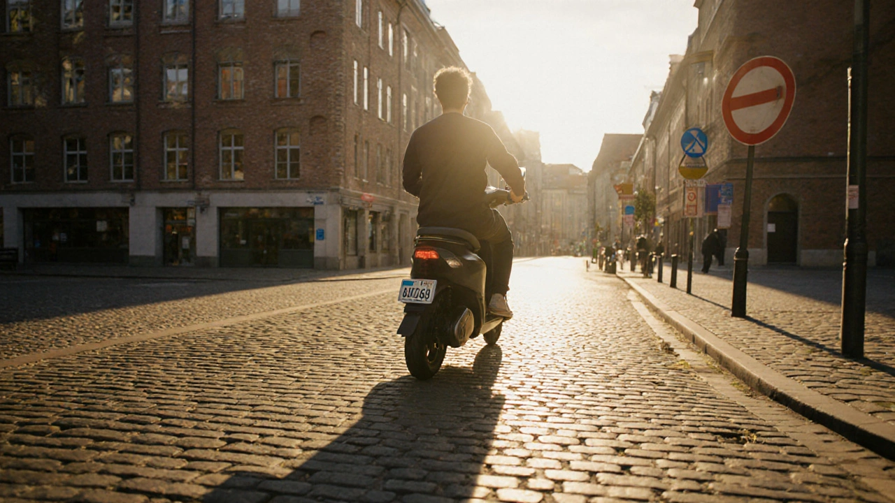 E‑Scooter mit Kennzeichen fährt selbstbewusst durch eine Leipziger Straße.