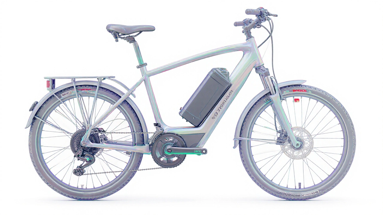 Explodierte Darstellung der wichtigsten Bauteile eines Einsteiger‑E‑Bikes.