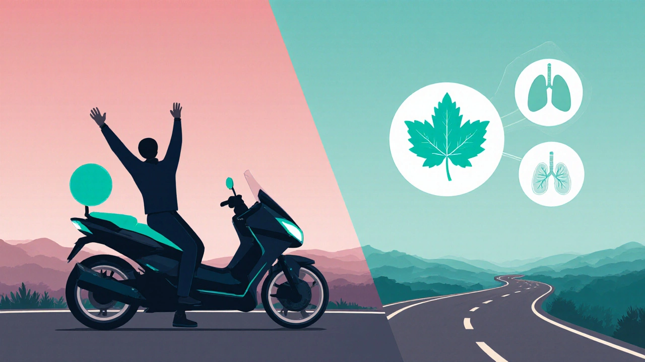 Fahrer dehnt sich neben einem E‑Motorrad, zeigt ergonomische Sitzbank und Luftreinigung.
