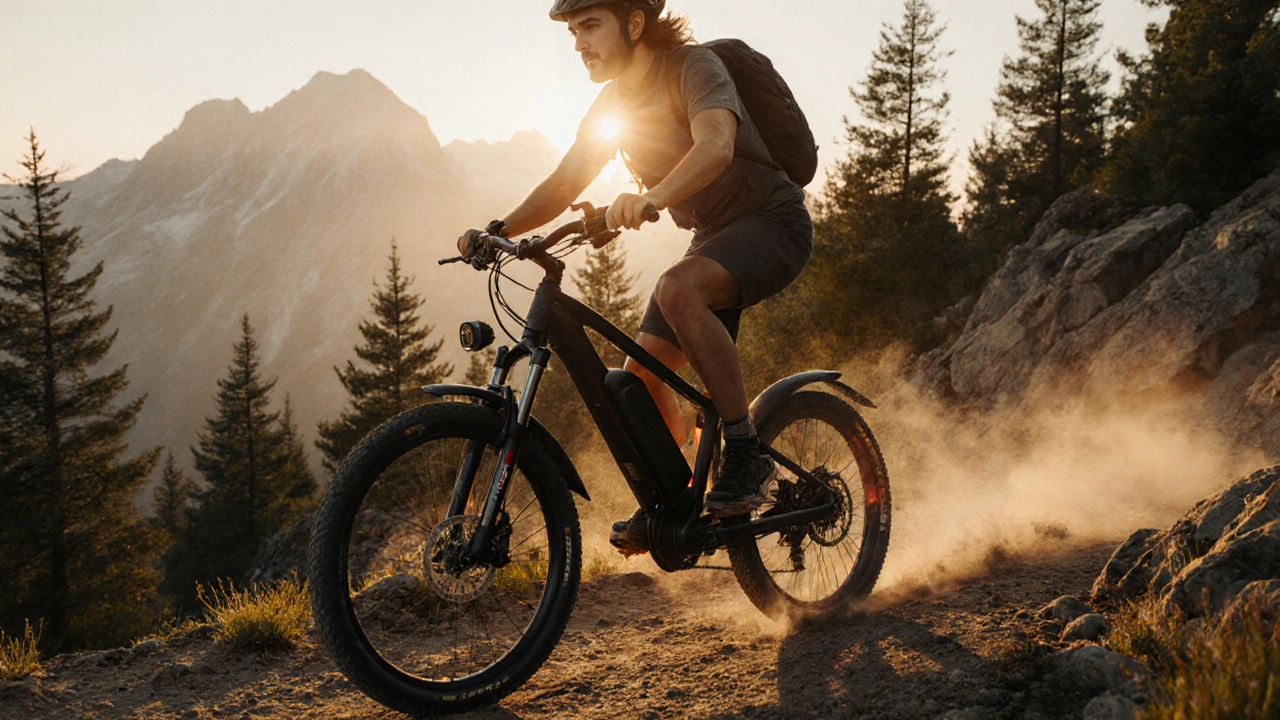 Fahrer erklimmt bei Sonnenaufgang einen Bergpfad mit beleuchtetem Mittelmotor.