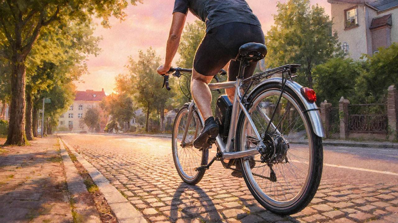 Fahrradfahrer in einem Kalkhoff Agattu 1.B fährt bei Sonnenuntergang durch eine Vorstadtszene.
