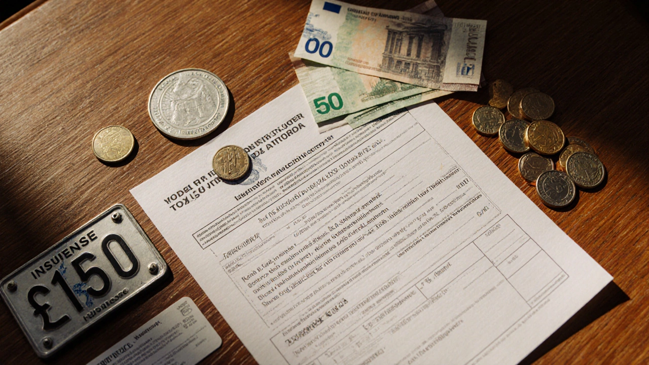 Flachliegendes Stillleben mit Lizenzschild, Versicherungskarte, Prüfaufkleber, Steuerbescheid und Euros.