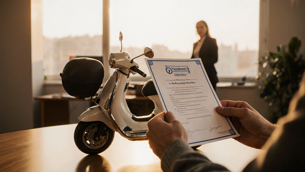Glücklicher E‑Roller‑Besitzer hält ein Prüfzeugnis, während das Fahrzeug sauber präsentiert wird.