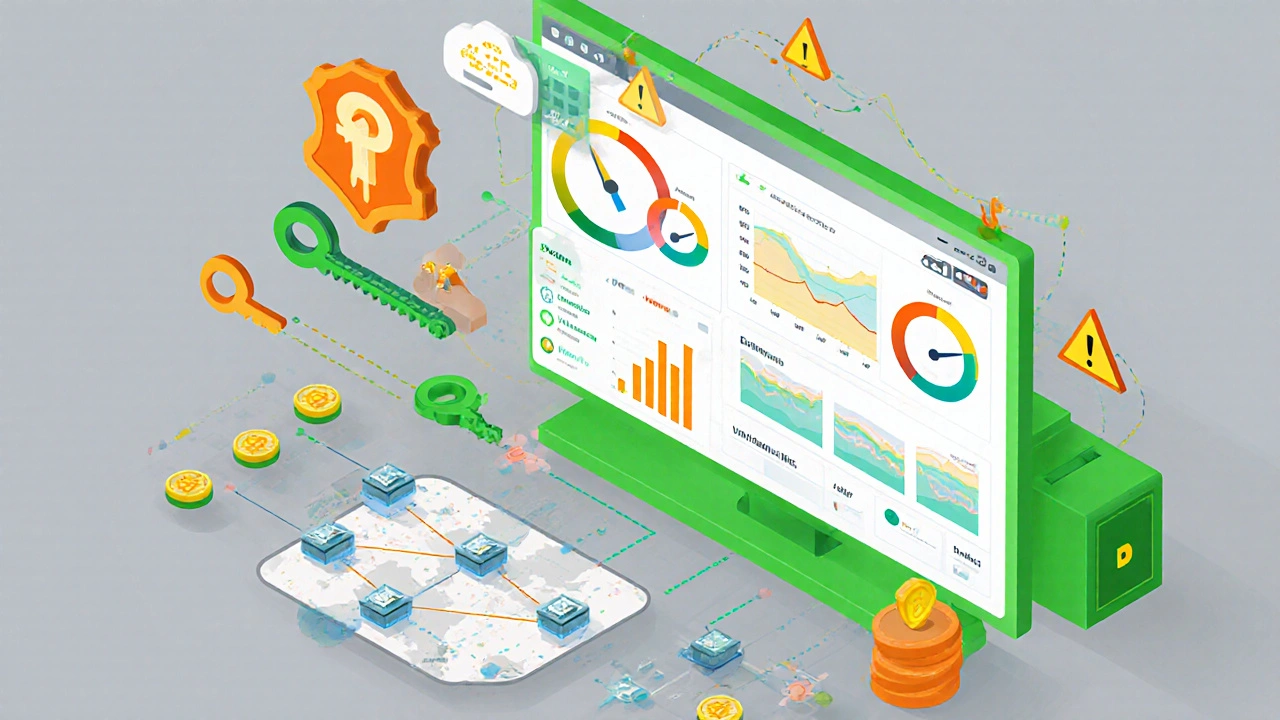 Isometrische Ansicht eines Monitoring‑Dashboards mit Graphen, Hinweis auf stabile Uptime und Belohnungen.