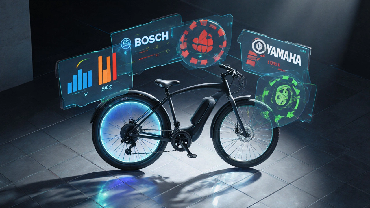Isometrische Darstellung eines E‑Bikes mit leuchtenden Marken‑ und Leistungsicons.