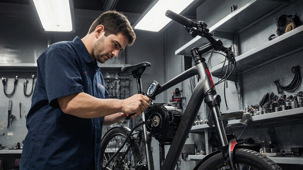 Mechaniker arbeitet in einer Werkstatt am Austausch eines Bosch‑Motors.