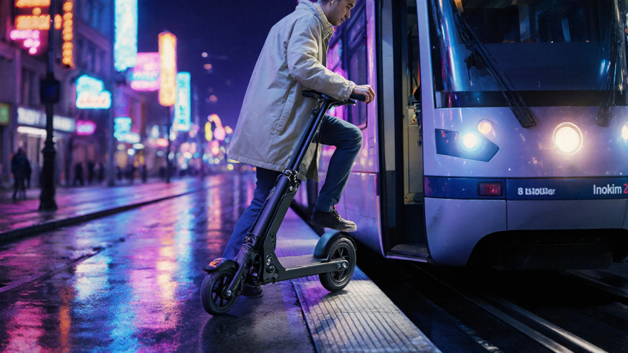 Pendler faltet Inokim Light 2 und steigt in Berliner Tram.