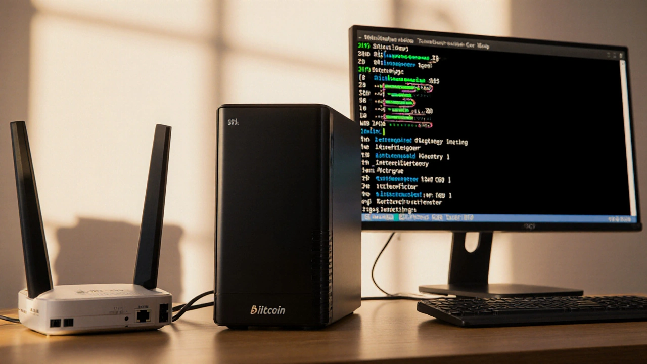 Photorealistisches Bild einer Heim‑Full‑Node‑Installation mit SSD und Router.