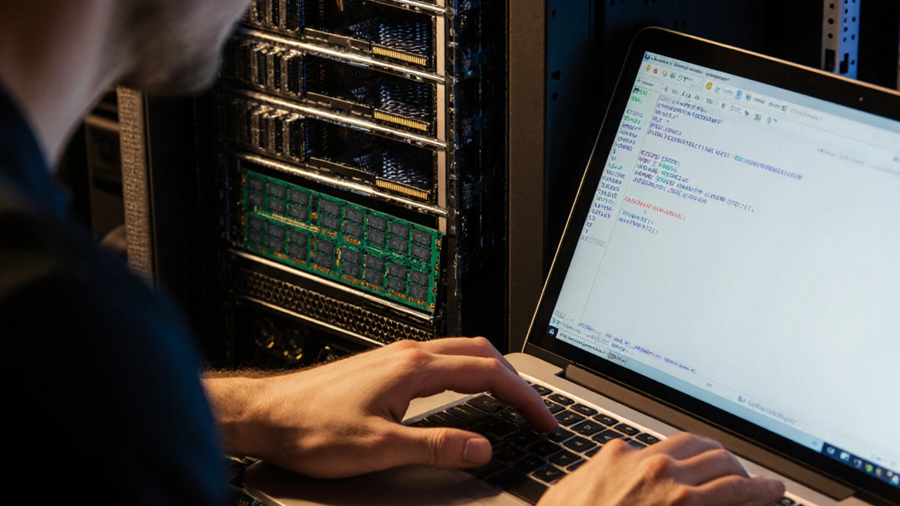 Realistisches Datenzentrum‑Rack mit leistungsstarkem Server, während eine Person die Einrichtung am Laptop vornimmt.