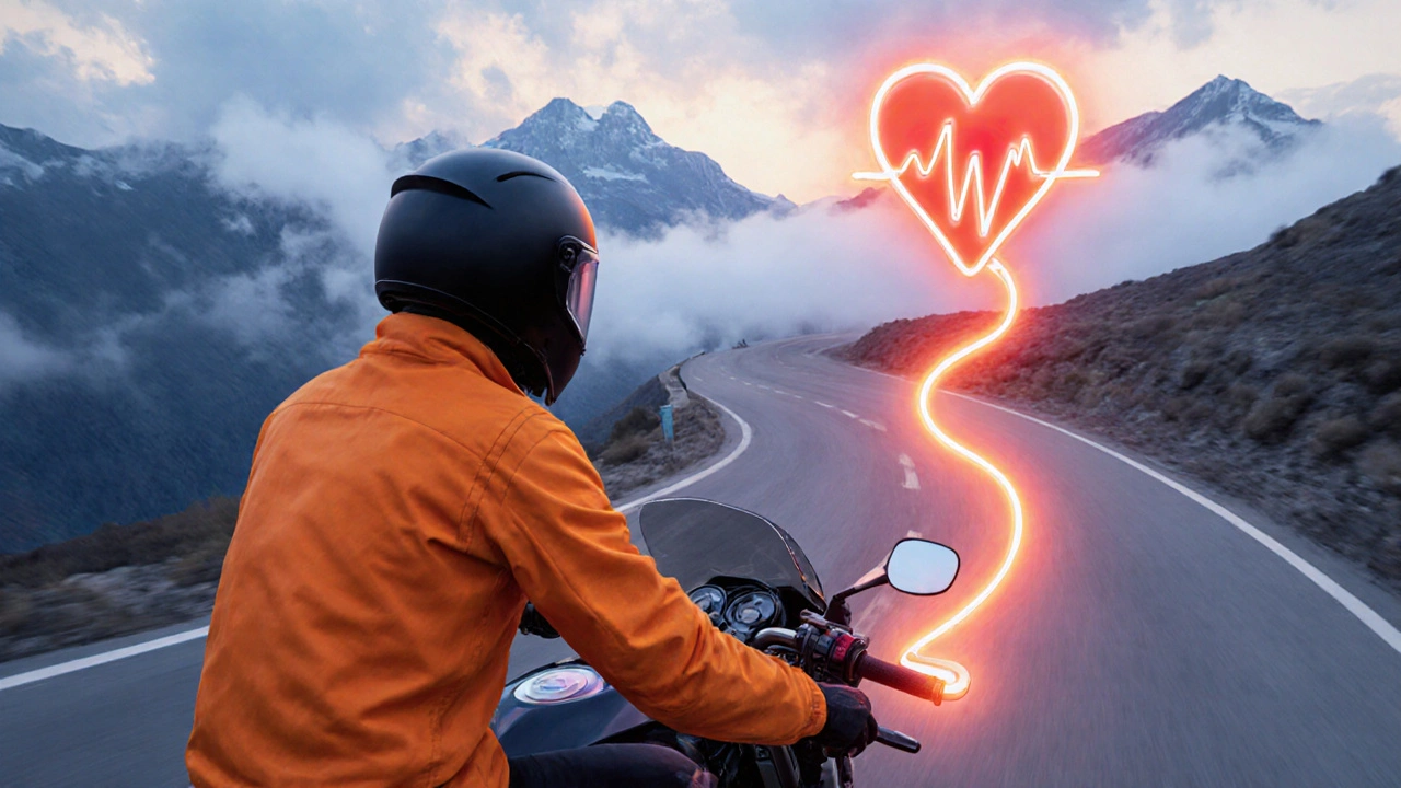 Rennfahrer bei Morgendämmerung, Herzpuls‑Linie verbindet Motor und Brustsymbol.