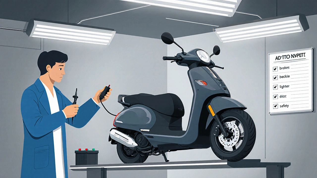 Techniker prüft die Bremsen, Beleuchtung und Batterie eines E‑Rollers in einer TÜV‑Werkstatt.