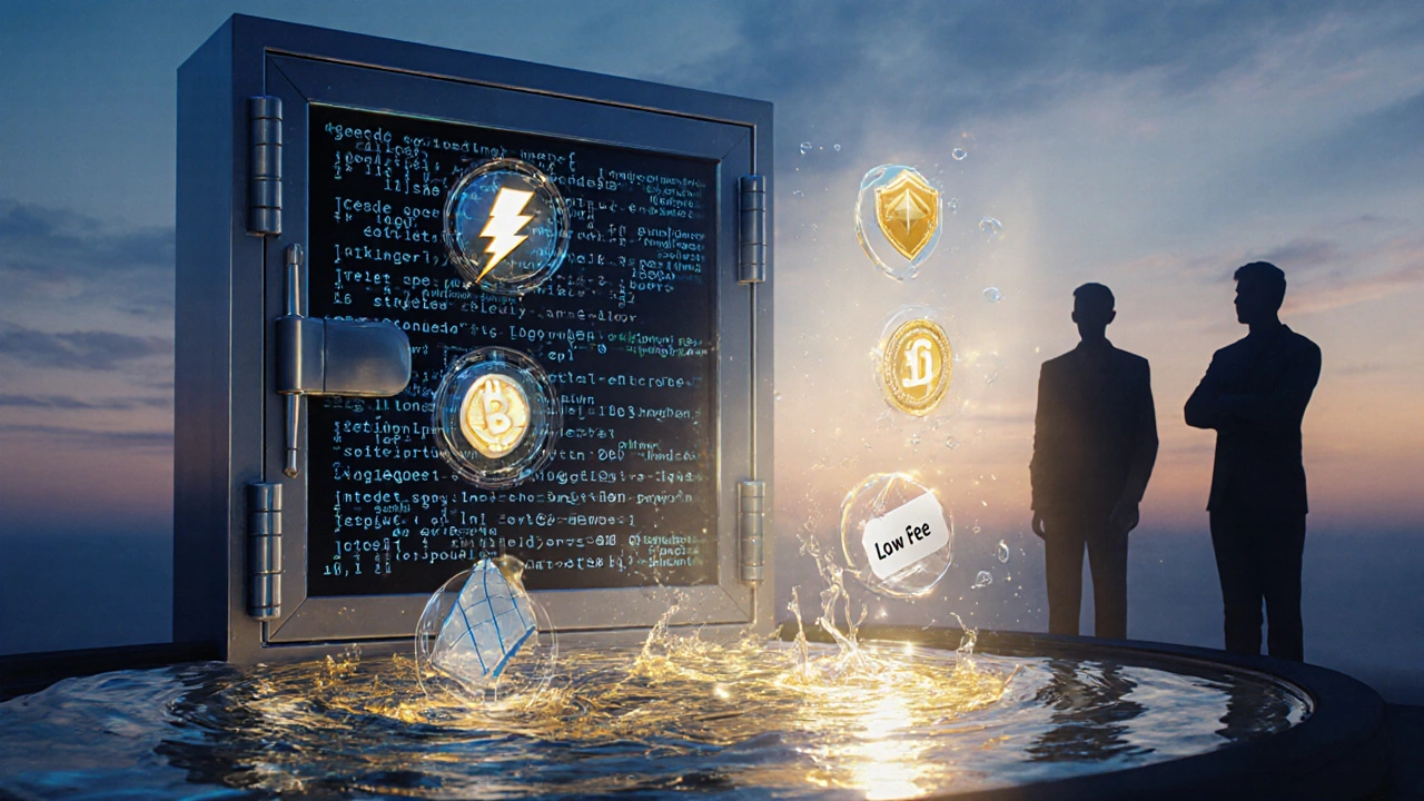 Vault mit fließenden USDT‑ und ETH‑Pools, umgeben von Symbolen für Vorteile und Risiken.