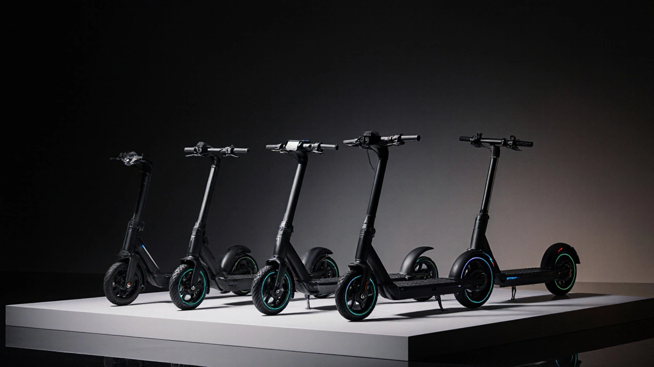 Vier Top‑E‑Scooter nebeneinander auf weißem Podest.