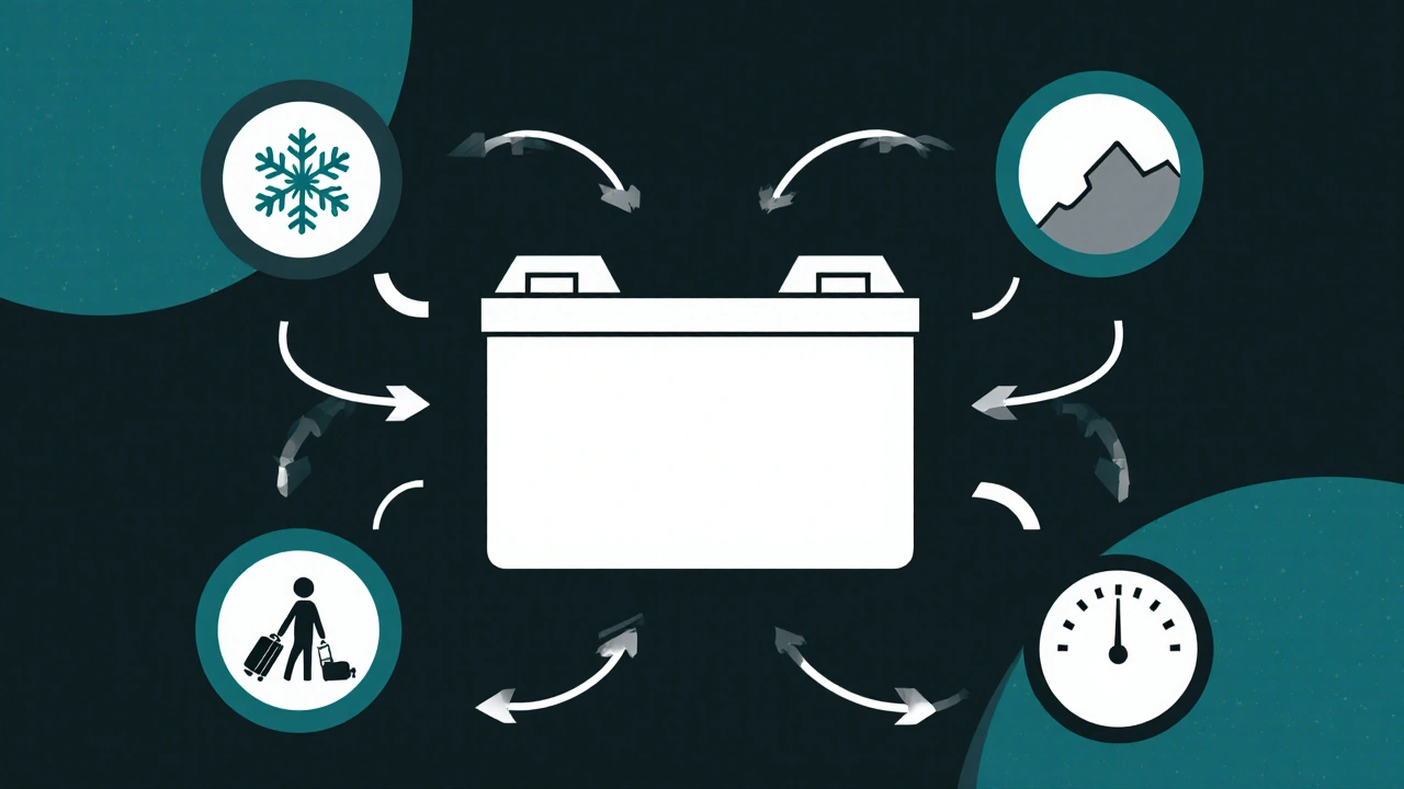 Abstrakte Darstellung eines E-Bike-Akkus mit Faktoren, die die Reichweite beeinflussen.