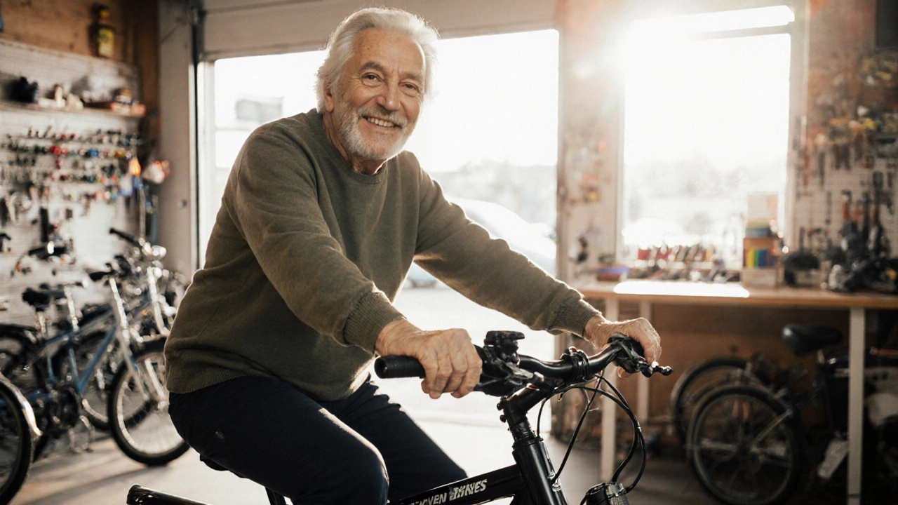 Ältere Person sitzt auf even Bikes E-Classic im Fahrradgeschäft und lächelt.