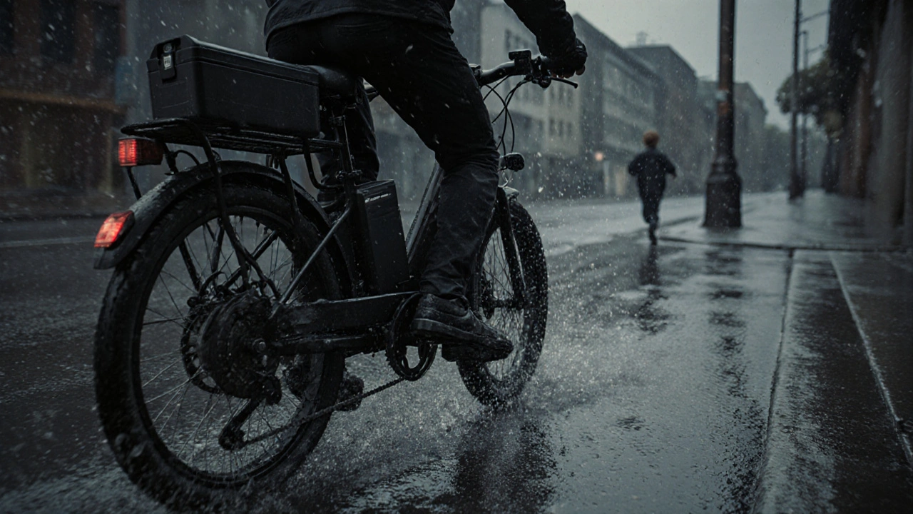 Billiges E-Bike mit Akku am Gepäckträger, Hinterrad hebt sich beim Bremsen ab.