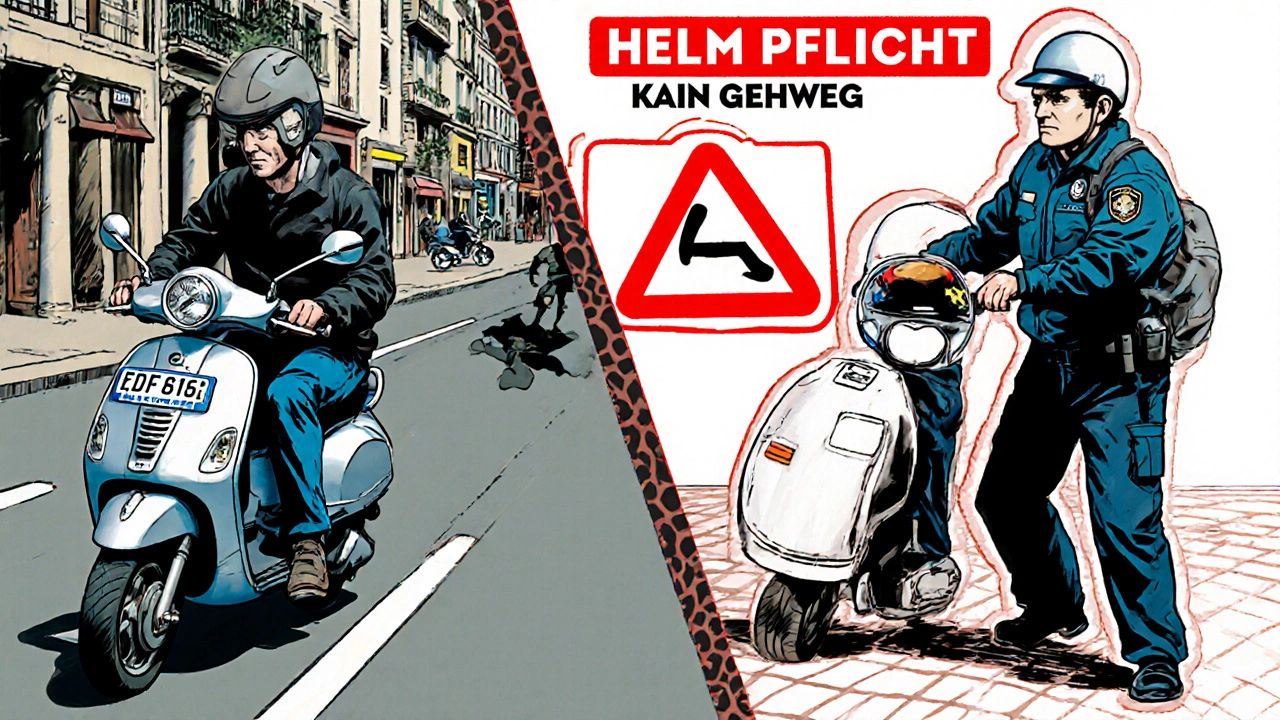Comic-Stil: Vergleich von E-Scooter-Nutzung in Deutschland und Frankreich mit Strafen.