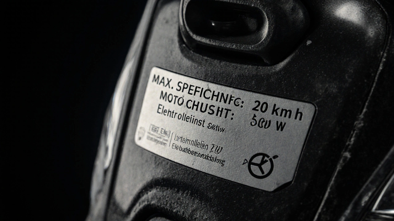 Detailaufnahme des Typenschilds eines führerscheinfreien Elektrorollers mit technischen Angaben.