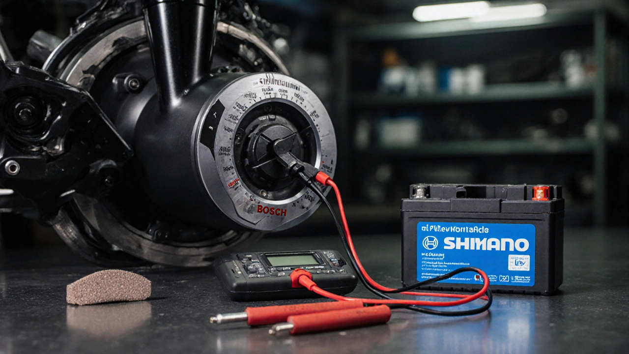 Detailaufnahme eines Bosch-Motors und abgenutzter Bremsbeläge in der Werkstatt.