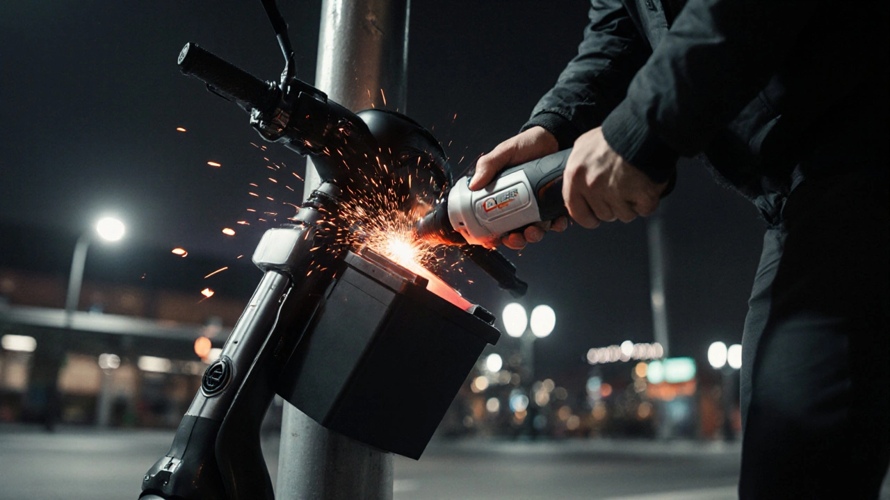 Dieb schneidet mit Winkelschleifer U-Schloss, Akku- Fach geöffnet, Nachtbeleuchtung in Stadt.