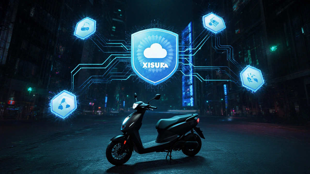 Digitaler Versicherungsausweis schwebt über einem E-Scooter, umgeben von Symbolen für Schadensdeckung in dunkler Stadtlandschaft.