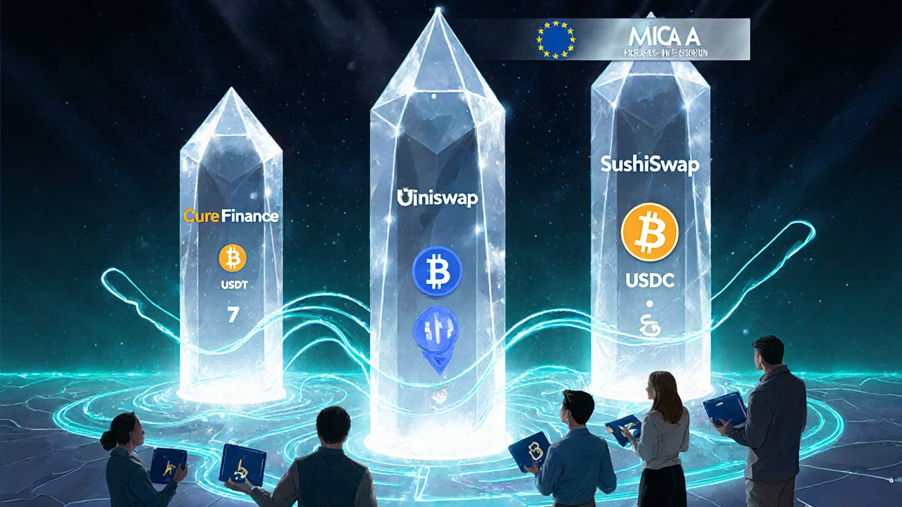Drei DeFi-Plattformen als kristalline Türme, die stabile Münzen in Lichtströmen verteilen, unter einer regulatorischen Anzeige.