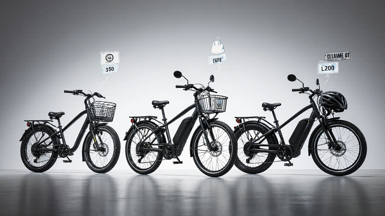 Drei E-Bikes mit unterschiedlicher Leistung – 250W, 350W und 500W – nebeneinander auf neutralem Hintergrund.