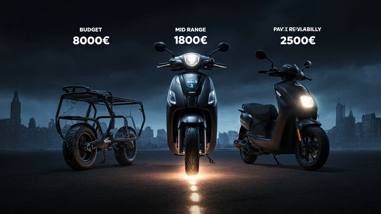 Drei E-Roller verglichen nach Preis und Haltbarkeit: billiges Modell, Mittelklasse und Premium mit langer Lebensdauer.