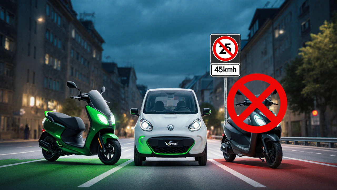 Drei Elektrofahrzeuge: zwei zugelassene, eines mit Verbotssymbol, im städtischen Kontext.