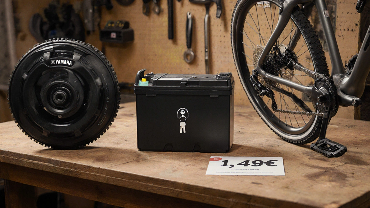 Drei Schlüsselkomponenten eines günstigen E-Bikes: Motor, batterie und rahmen auf werkbank.