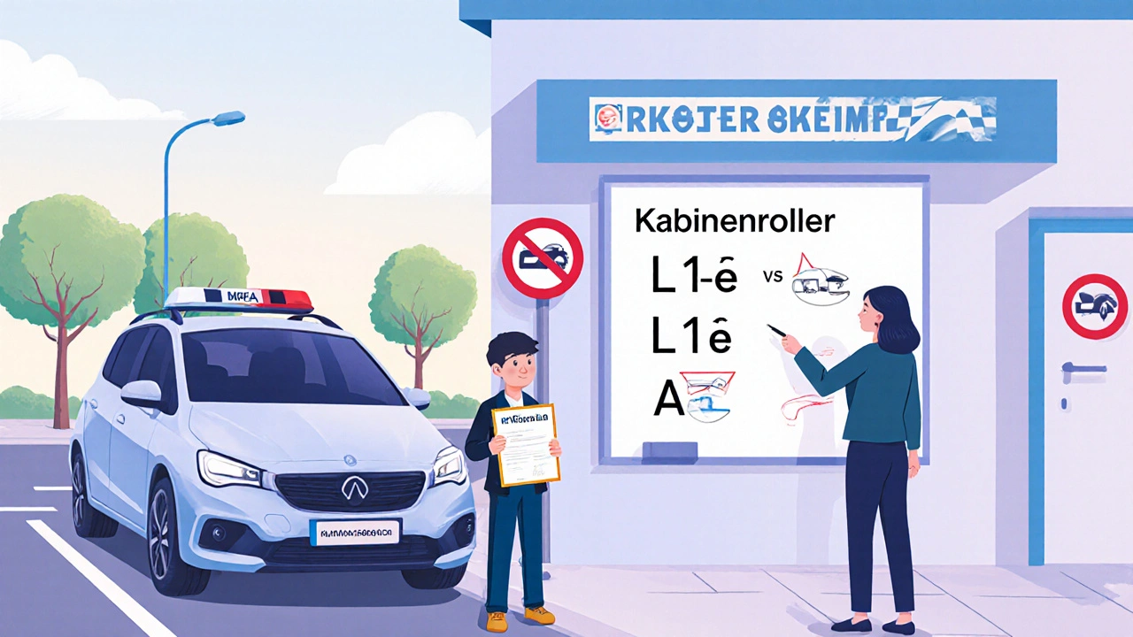 Ein 15-Jähriger erhält die Mofa-Bescheinigung neben einem Kabinenroller, ein Lehrer zeigt Fahrzeugklassen an einer Tafel.