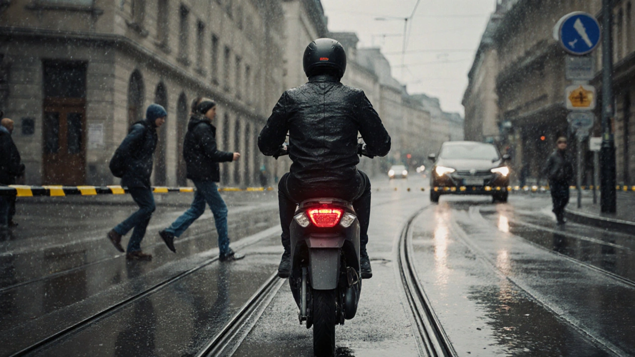 Ein Fahrer auf einem E-Roller fährt über eine nasse Straßenbahnspur in der Stadt.
