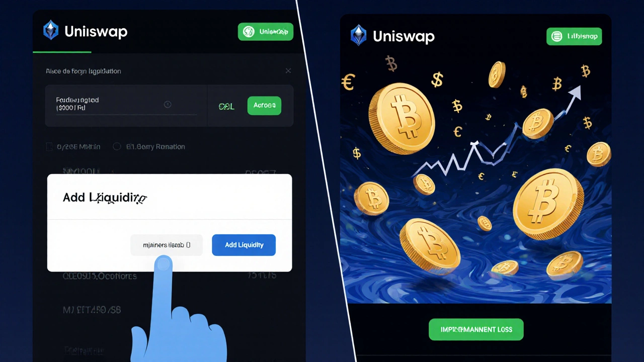 Ein Nutzer fügt ETH und USDT in einen DeFi-Pool ein, während sich die Token in LP-Tokens verwandeln.
