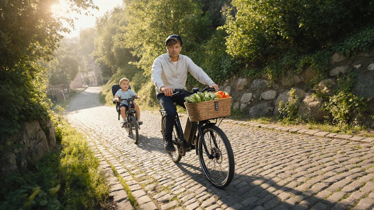 Eine Familie mit Kindersitz und Einkaufstaschen bewältigt einen steilen Hügel in Leipzig mit einem 350-Watt-E-Bike.