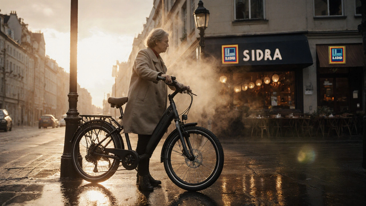 Eine Frau schließt ihr Lidl-E-Bike vor einem Bäcker an, morgendliches Licht, nasse Straße.