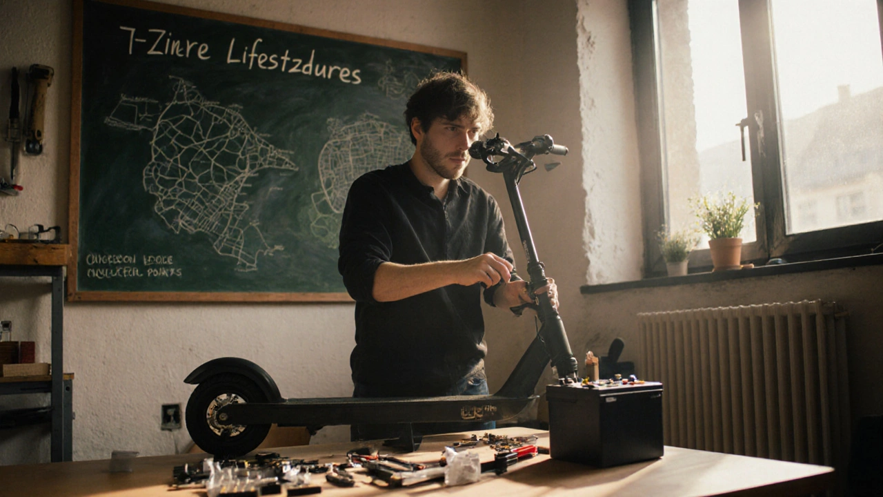 Eine Person repariert in Leipzig einen E-Roller in einem Gemeinschaftsworkshop mit Ersatzteilen.