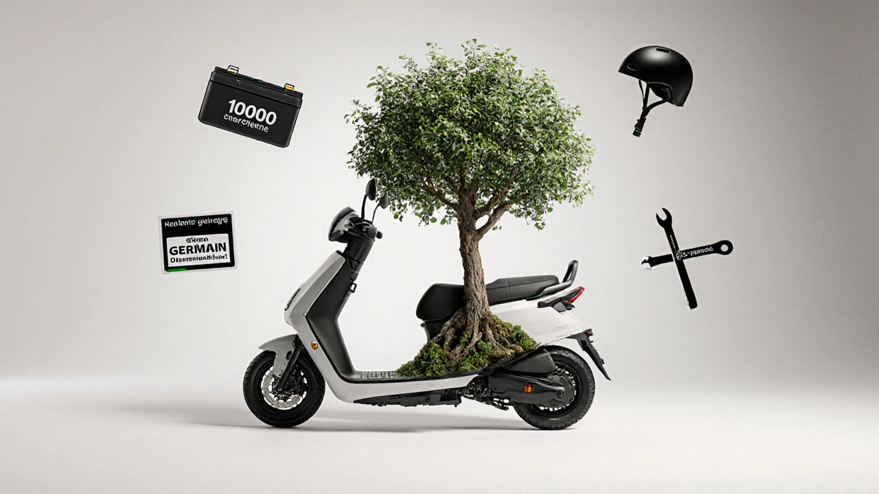 Elektroroller mit Lebensdauer-Symbolik: Akku, Versicherungskennzeichen und Werkzeug umgeben den Rahmen.