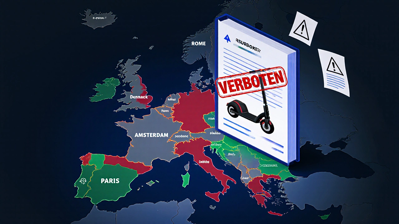 Europa-Karte mit roten und grünen Zonen für E-Scooter-Regeln, Koffer mit Roller wird abgelehnt.