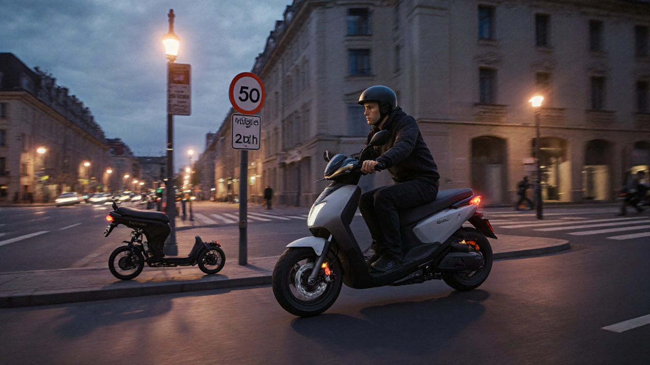 Fahrer mit 45 km/h-Elektroroller auf Hauptstraße, während ein langsamerer Roller auf dem Radweg bleibt.