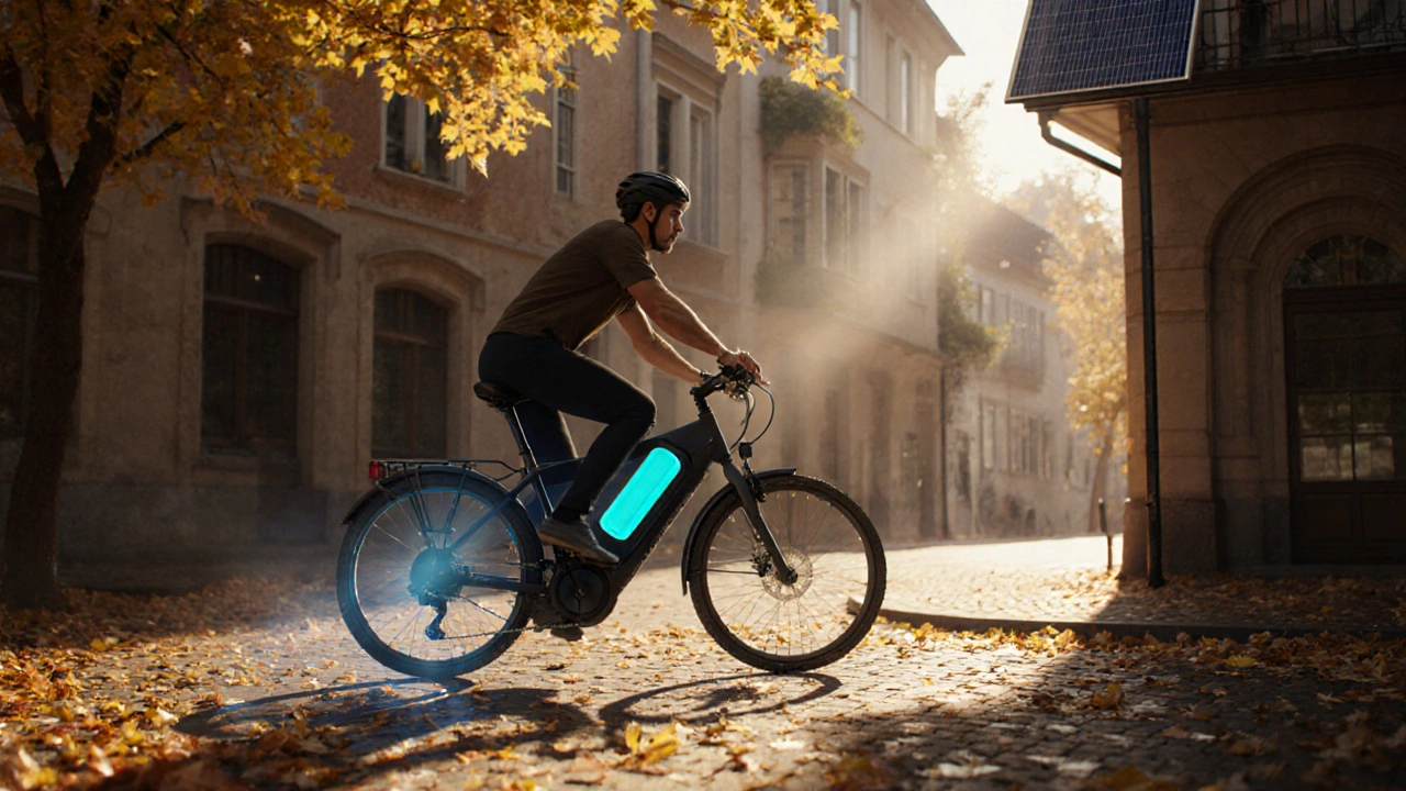 Fahrradfahrer im Herbst, E-Bike mit leicht leuchtendem Akku, Solarpanel am Hintergrund.