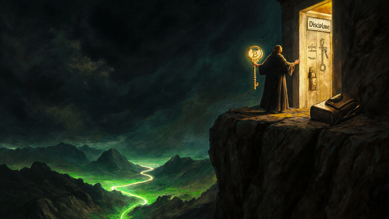 Figure standing on cliff with bull market below and bear market behind, holding key to dip buying.